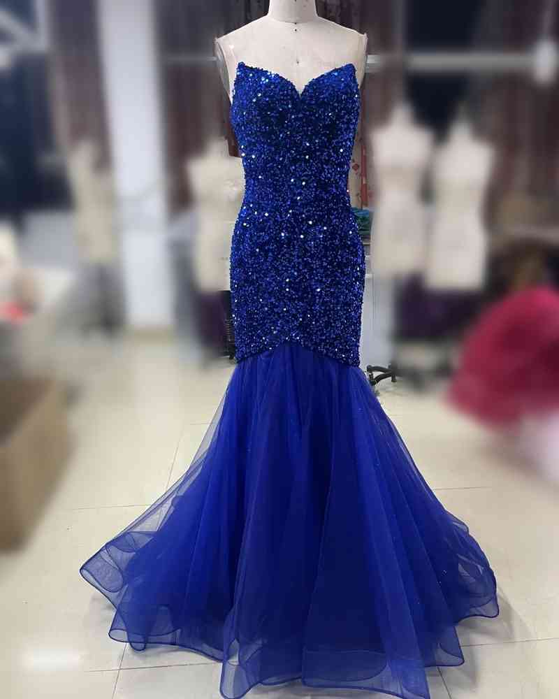 Strapless Royal Blue Glitters Long Mermaid Prom Dress