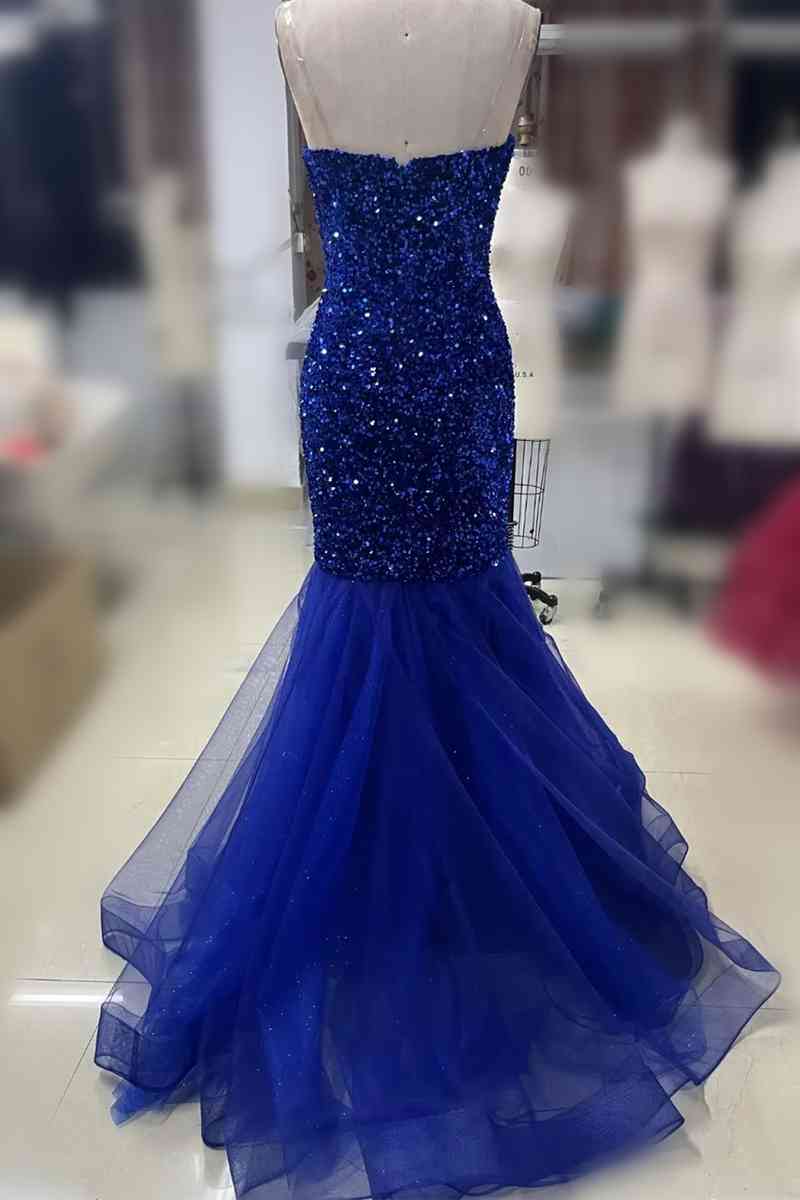 Strapless Royal Blue Glitters Long Mermaid Prom Dress