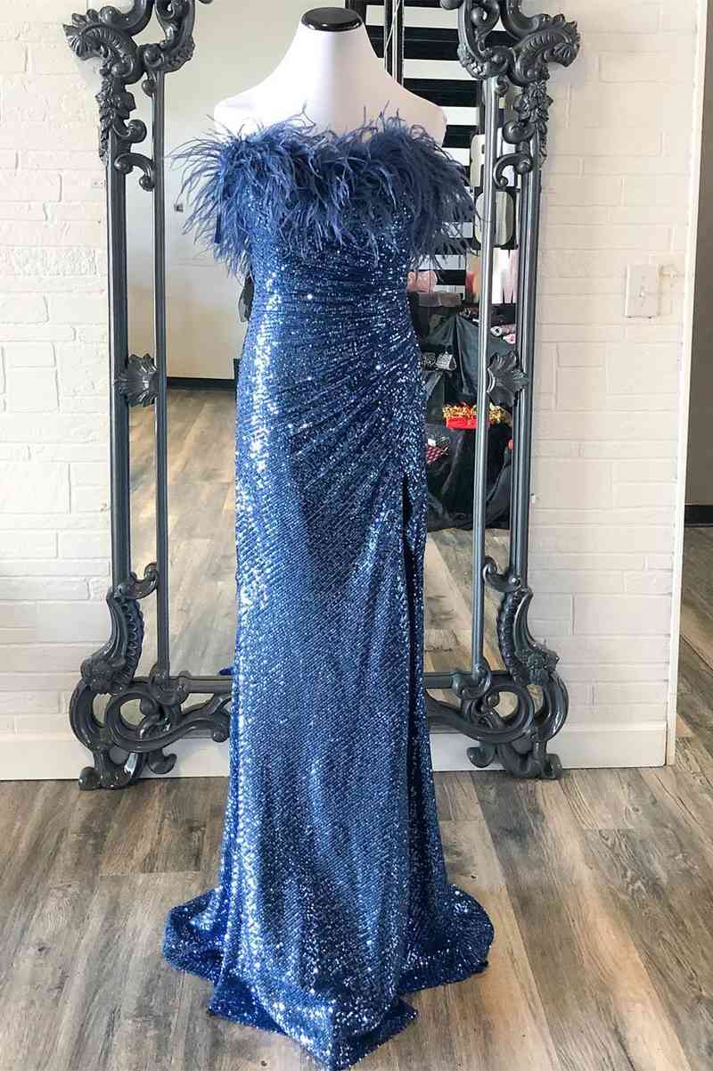 Sequins Blue Strapless Feather Long Formal Dress with Slit