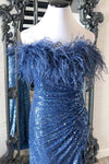 Sequins Blue Strapless Feather Long Formal Dress with Slit