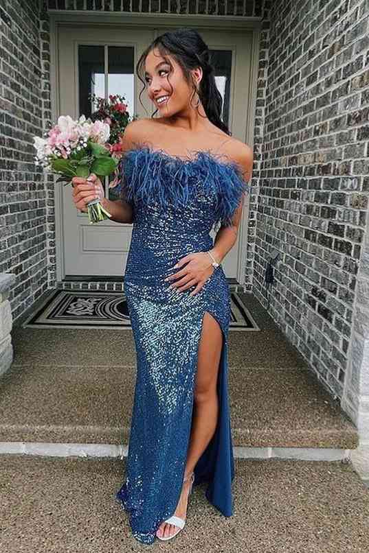 Sequins Blue Strapless Feather Long Formal Dress with Slit