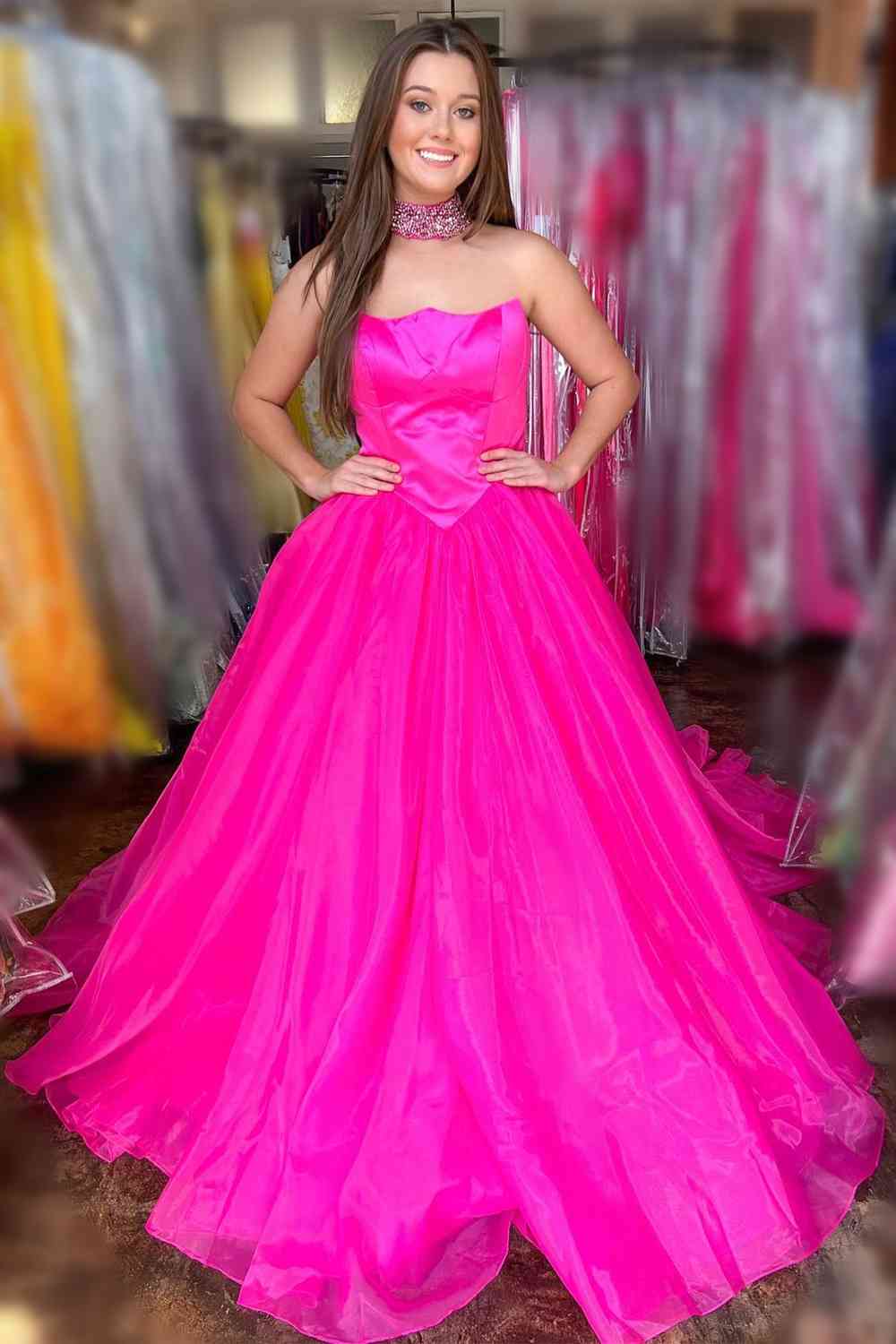 Simple Hot Pink Strapless Tulle Prom Dress with Pockets FancyVestido Simple Hot Pink Strapless Tulle Prom Dress with Pockets FancyVestido