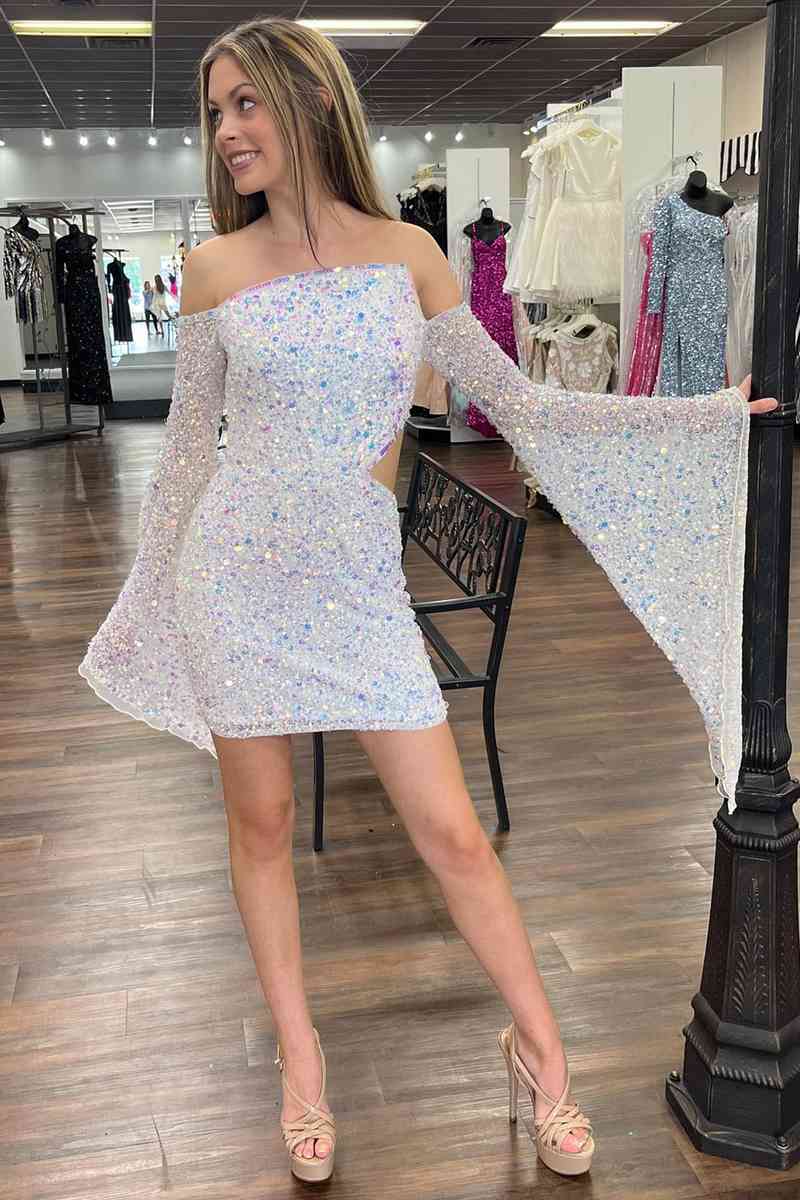 Fitted Sequins White Long Sleeves Short Homecoming Dress FancyVestido Fitted Sequins White Long Sleeves Short Homecoming Dress FancyVestido