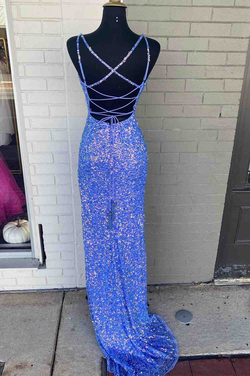 Criss Cross Back Periwinkle Prom Dress with High Slit