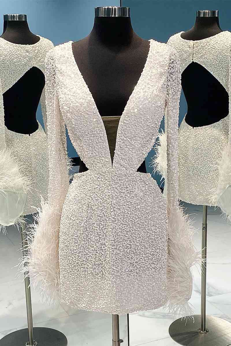 Short White Cutout Sequins Mini Homecoming Dress with Feather  FancyVestido