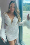 Short White Cutout Sequins Mini Homecoming Dress with Feather