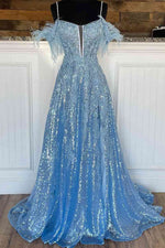 Light Blue Cold Sleeves Long Formal Dress with Appliques