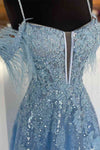 Light Blue Cold Sleeves Long Formal Dress with Appliques