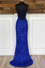 Lace-Up High Slit Royal Blue Glitters Long Party Dress