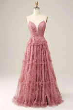 A-Line Sweetheart Dusty Rose Floral Tulle Prom Dress