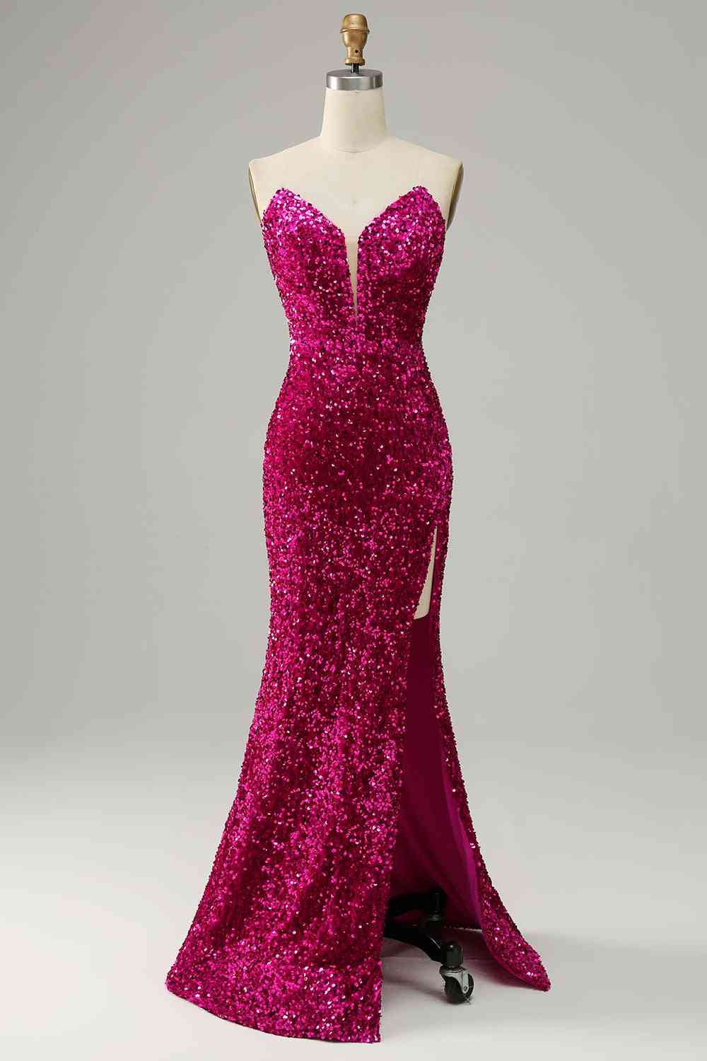 Fuchsia Strapless Sequins Long Prom Dress with Slit