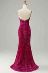 Fuchsia Strapless Sequins Long Prom Dress with Slit