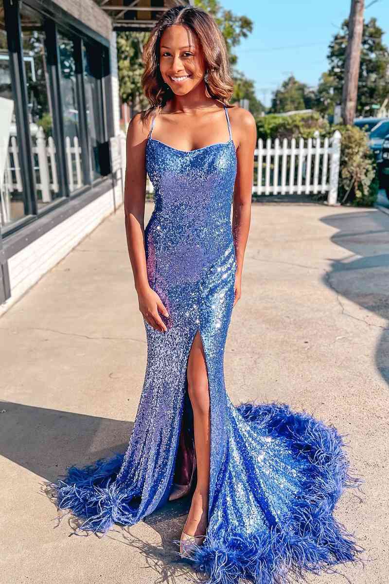 Long Sequined Blue Straps Prom Dress with Feather Hem