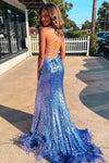 Long Sequined Blue Straps Prom Dress with Feather Hem