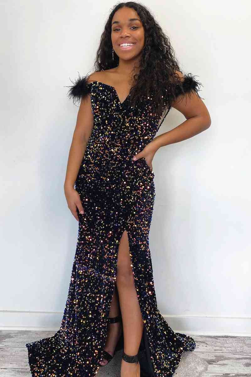 Off-the-Shoulder Navy Sequins Long Party Dress with Feather