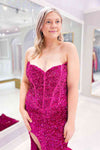 Strapless Fuchsia Sequins Long Prom Dress with Slit