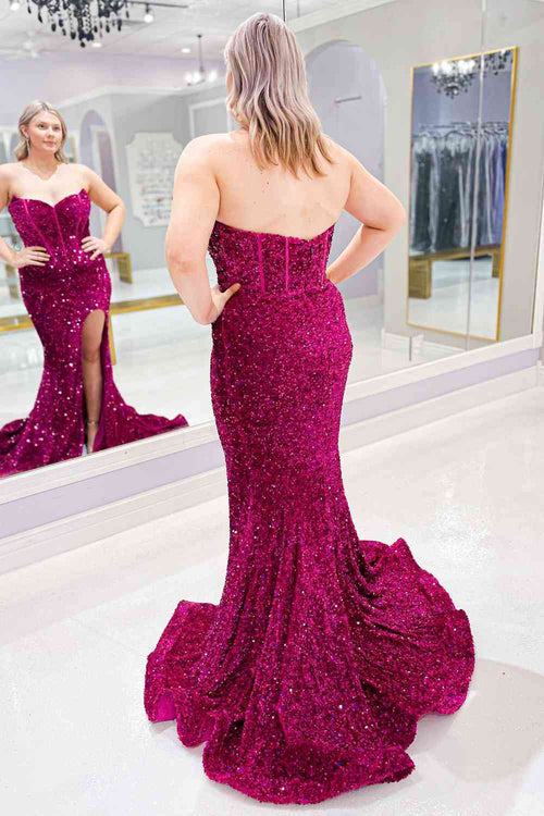 Strapless Fuchsia Sequins Long Prom Dress with Slit