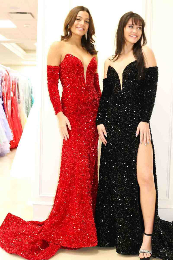 Sweetheart Red Glitters Mermaid Prom Dress with Long Sleeves