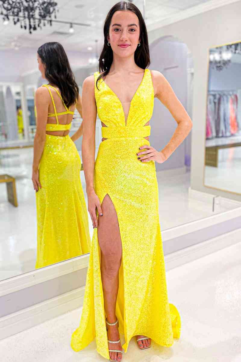 Cutout Yellow Sequins V-Neck Long Prom Dress with Slit FancyVestido Cutout Yellow Sequins V-Neck Long Prom Dress with Slit FancyVestido