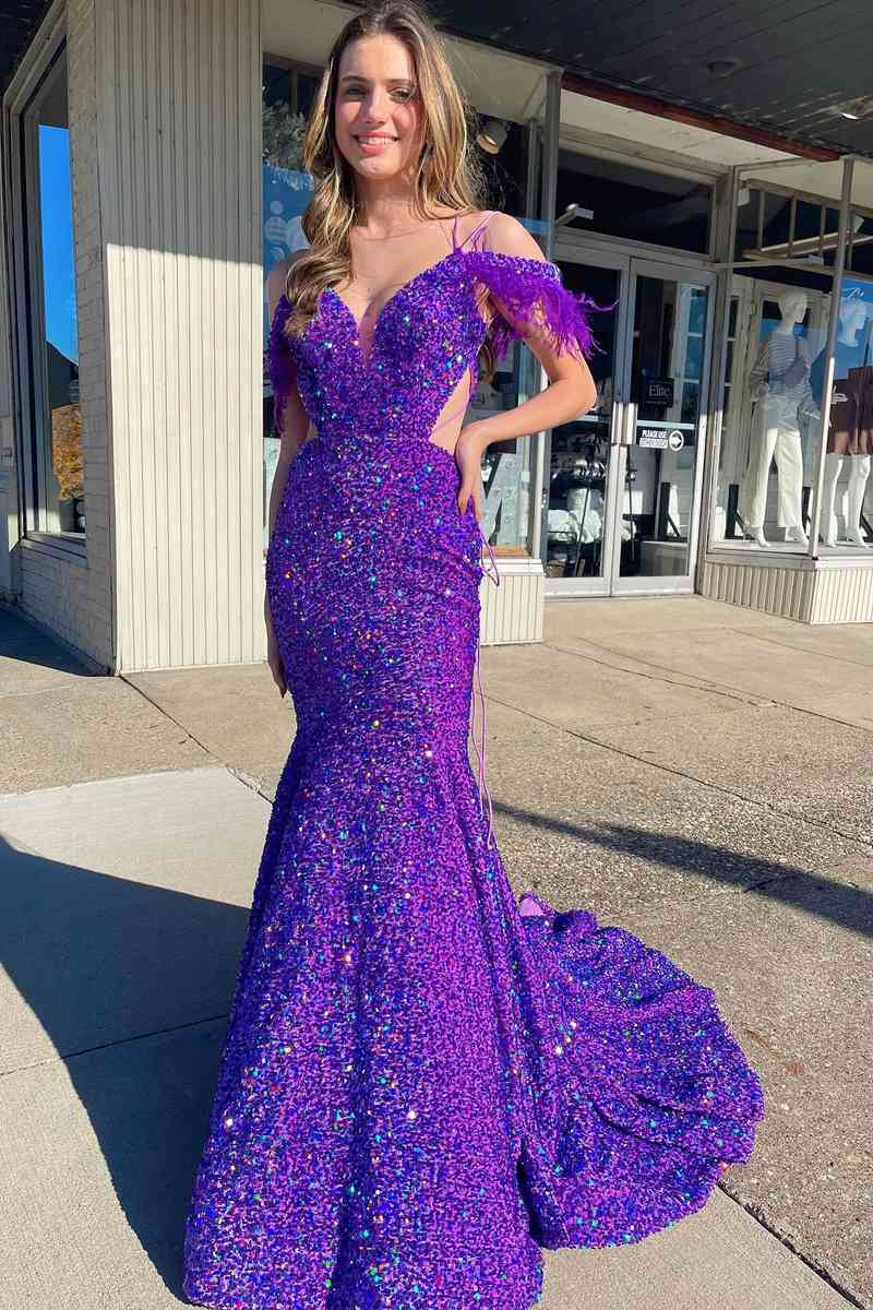 Pretty Purple Prom Dress Iridescent Purple Cutout Sequins Long