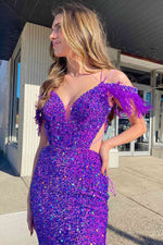 Iridescent Purple Cutout Sequins Long Prom Dress with Feathers