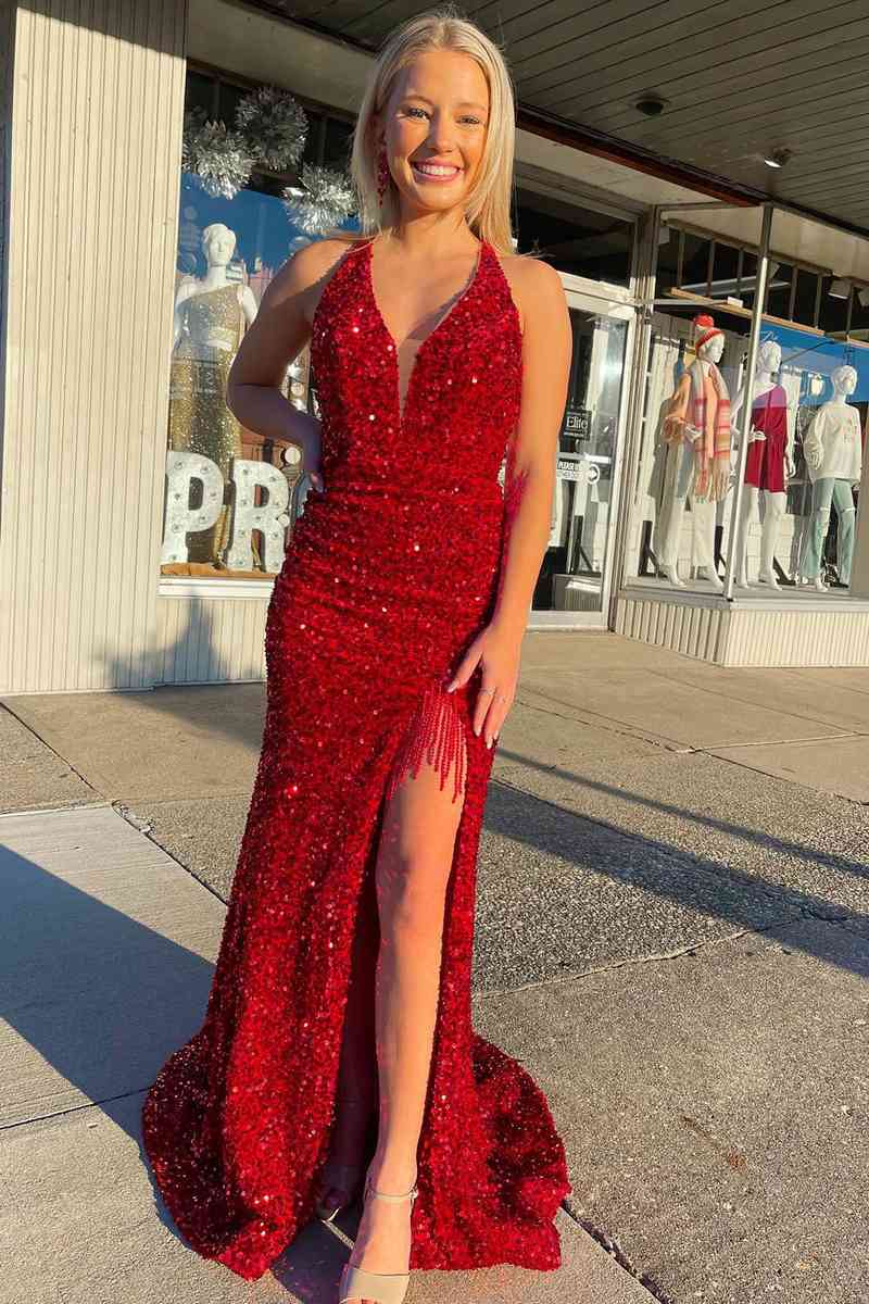Red Halter Sequins Long Prom Dress with Tassel