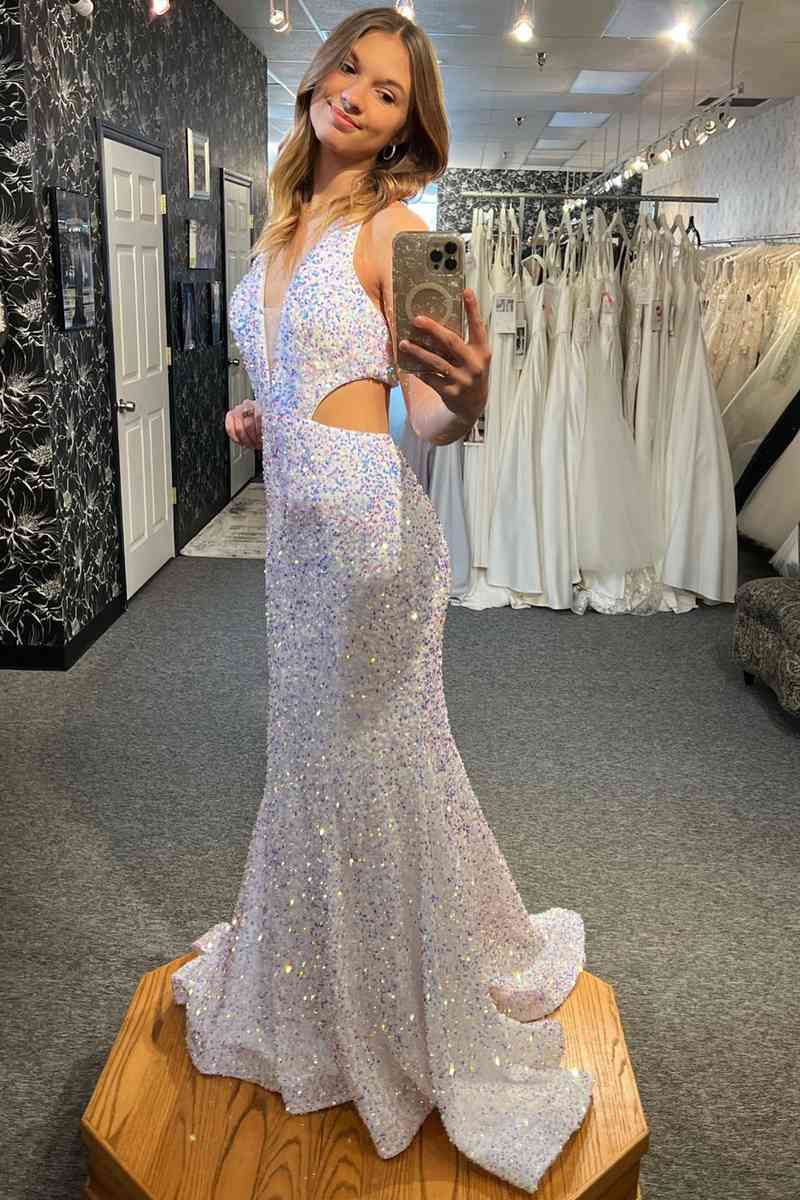 Plunging Neck Halter White Long Prom Dress with Cutout Waist FancyVestido Plunging Neck Halter White Long Prom Dress with Cutout Waist FancyVestido