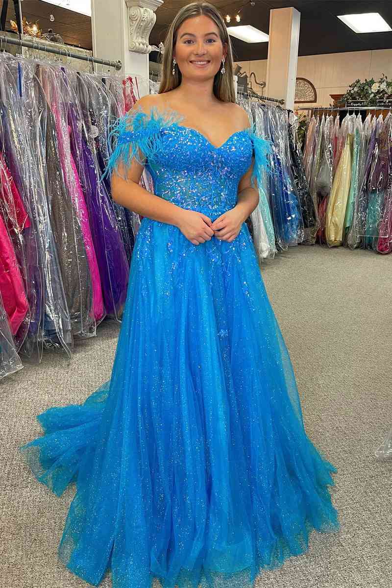 Feather Off-the-Shoulder Blue Glitter Long Formal Dress with Pockets FancyVestido Feather Off-the-Shoulder Blue Glitter Long Formal Dress with Pockets FancyVestido