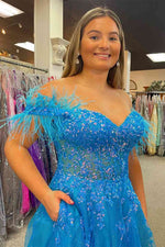 Feather Off-the-Shoulder Blue Glitter Long Formal Dress with Pockets