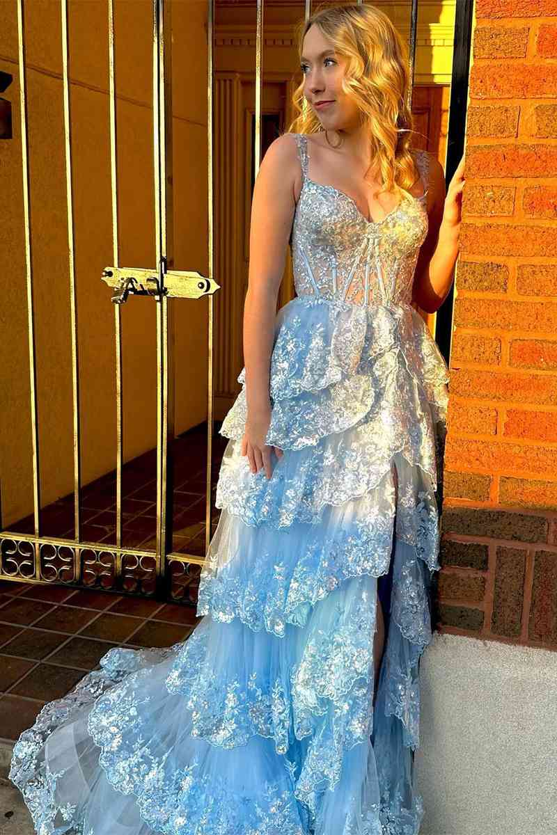 Light Blue Corset Lace Tiered Tulle Long Formal Dress Front Side