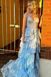 Light Blue Corset Lace Tiered Tulle Long Formal Dress
