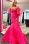Sweetheart Hot Pink Puff Sleeves Satin Mermaid Prom Dress