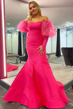 Sweetheart Hot Pink Puff Sleeves Satin Mermaid Prom Dress