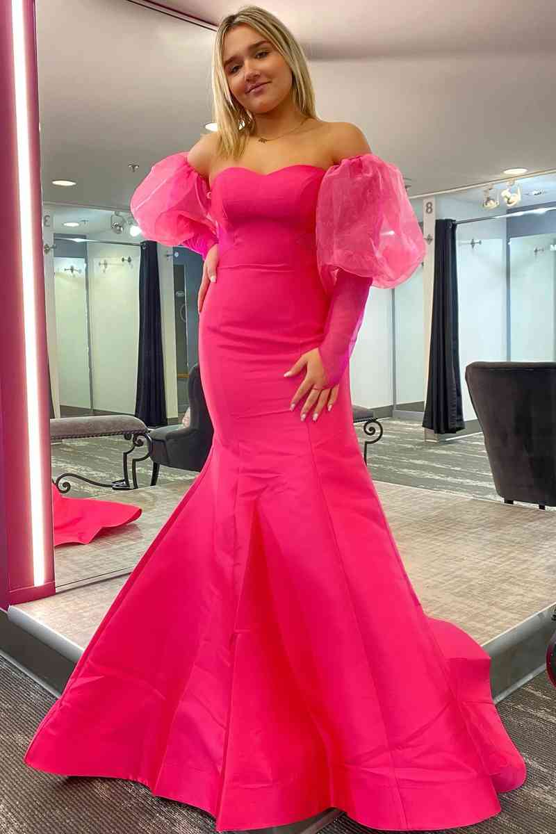 Pink Puff Sleeve Prom Dress Classy Pink Puff Sleeves Mid-length Prom Dress, Pink Evening Dress Pink Puff Sleeve Prom Dress Classy Pink Puff Sleeves Mid-length Prom Dress, Pink Evening Dress