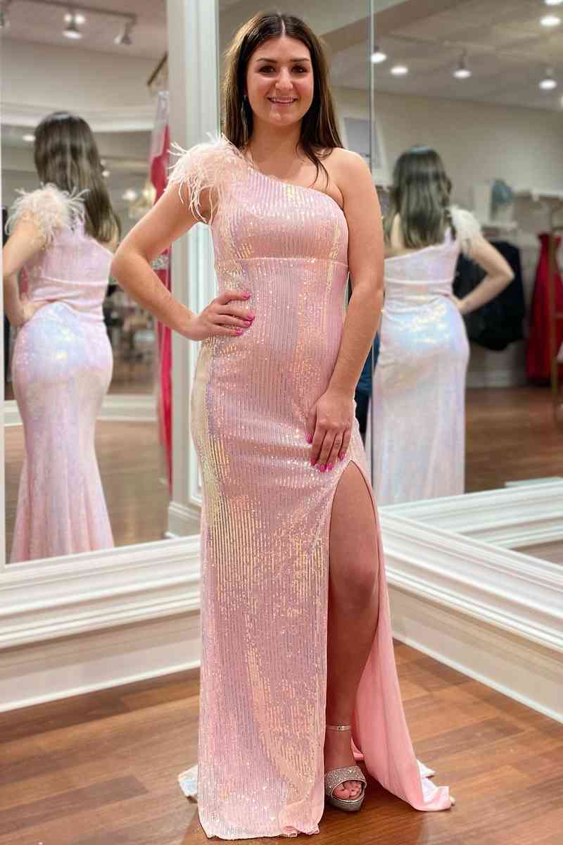 Pink Feather Shoulder Long Prom Gown with Slit