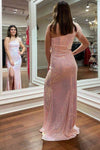 Pink Feather Shoulder Long Prom Gown with Slit