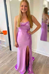 Lace-Up Cowl Neck Lilac Satin Long Prom Dress