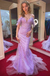 Lavender Feahter Cold Shoulder Mermaid Prom Dress