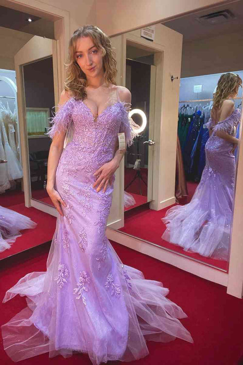 Lavender Feahter Cold Shoulder Mermaid Prom Dress