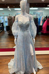Princess Light Blue Glitters A-line Long Formal Dress with Puff Sleeves