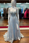 Princess Light Blue Glitters A-line Long Formal Dress with Puff Sleeves
