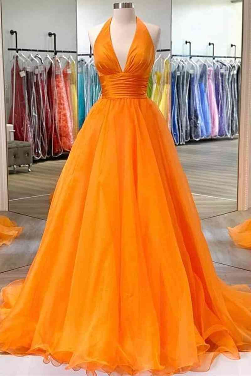 Elegant Orange Halter A-Line Long Party Dress