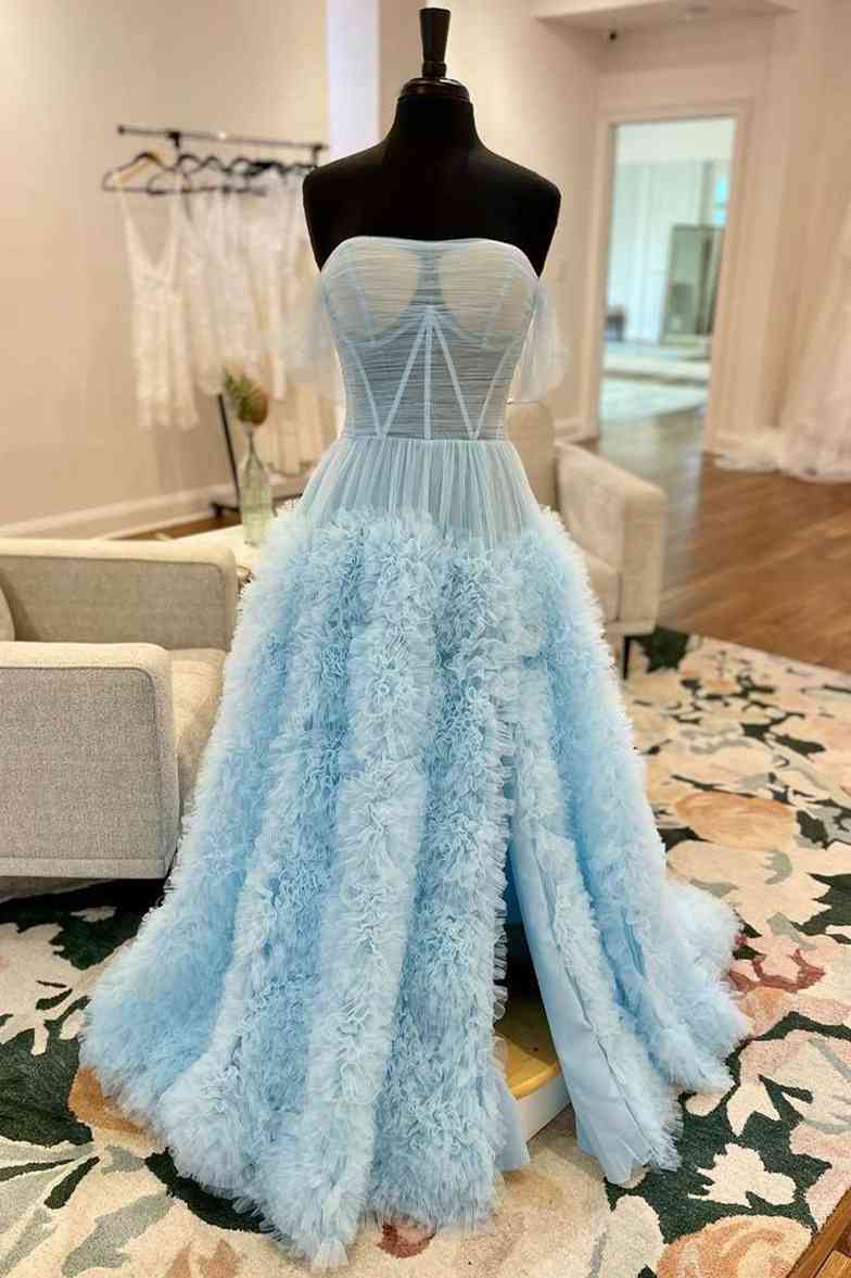 Strapless Light Blue Ruffle Tulle A-Line Prom Dress with Sheer Mesh FancyVestido Strapless Light Blue Ruffle Tulle A-Line Prom Dress with Sheer Mesh FancyVestido