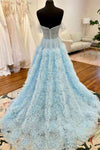 Strapless Light Blue Ruffle Tulle A-Line Prom Dress with Sheer Mesh