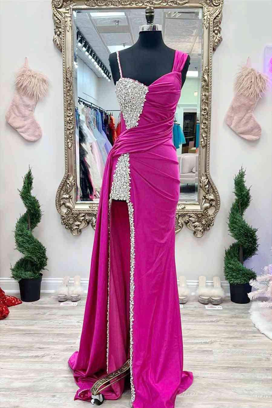 Chic Asymmertrical Fuchsia Beaded Long Porm Dress  FancyVestido