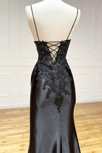black long dress prom with straps Elegant A-line Spaghetti Dresses Evening Dresses Prom Dresses Black Long Appliques Prom Dress