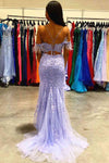 Lavender Feahter Cold Shoulder Mermaid Prom Dress