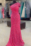 Mermaid One Shoulder Cap Sleeve Hot Pink Prom Dress