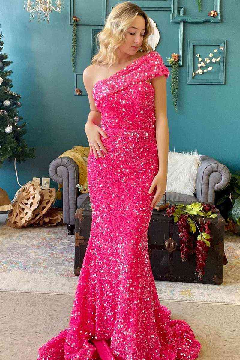 Mermaid One Shoulder Cap Sleeve Hot Pink Prom Dress