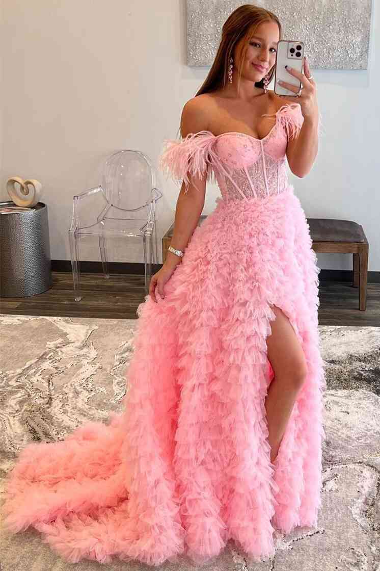 Pink Off the Shoulder Frill-Layered Long Prom Dress with Feathers